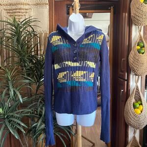 DKNY Vintage Y2K Knit Hoodie Sweater M Retro Blue Yellow Chevron Henley Pullover
